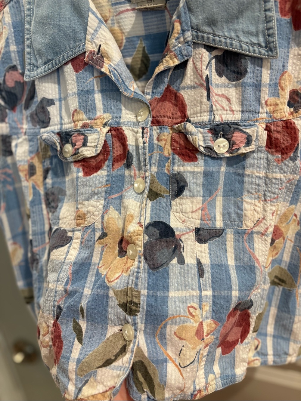 Vintage 90s Cropped Gingham Floral Patchwork Vest Retro Denim Women’s L - Picture 5 of 8